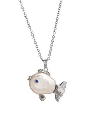 Anthropologie Pearl Fish Pendant Necklace - Silver Tone with White Pearl